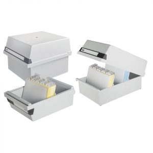 HAN Karteikasten quer, für 1300 Karten, 2 Stützplatten m. Sichtreitern, lichtgrau