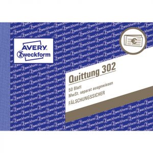 AVERY ZWECKFORM Quittung 302 MwSt. separat ausgewiesen, A6 quer, 50 Blatt